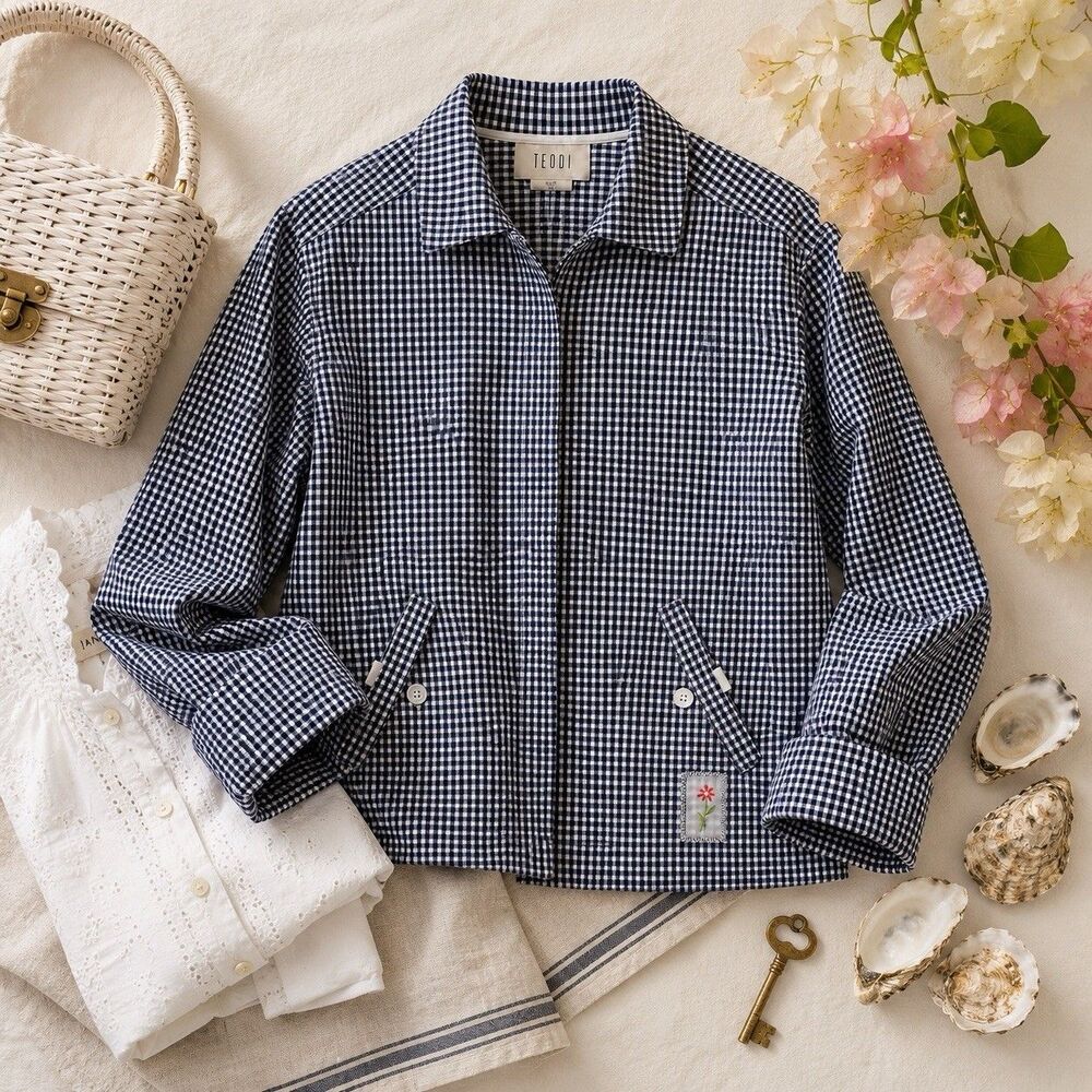 Vintage Teddi Blue Gingham Zip Jacket XL Coastal Cottagecore